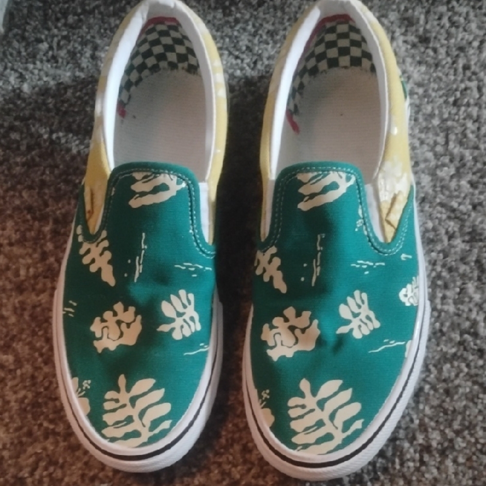 Vans Green and Yellow Slip-On Sneakers with Classic Design